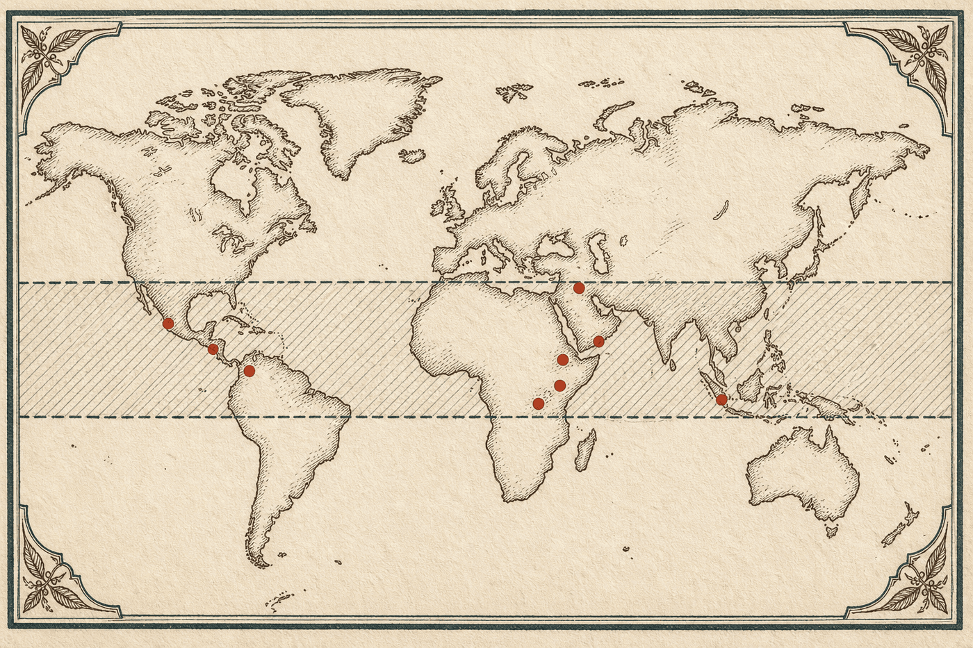 Hand-drawn world map plate with the coffee belt hatched between the tropics and origin marks across it