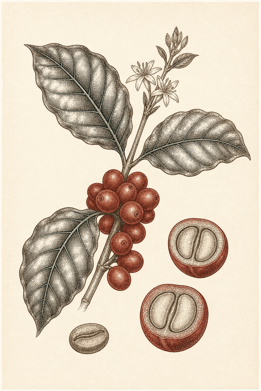 Botanical engraving of a coffee arabica branch with cherries and two cross-sectioned cherries showing the seeds