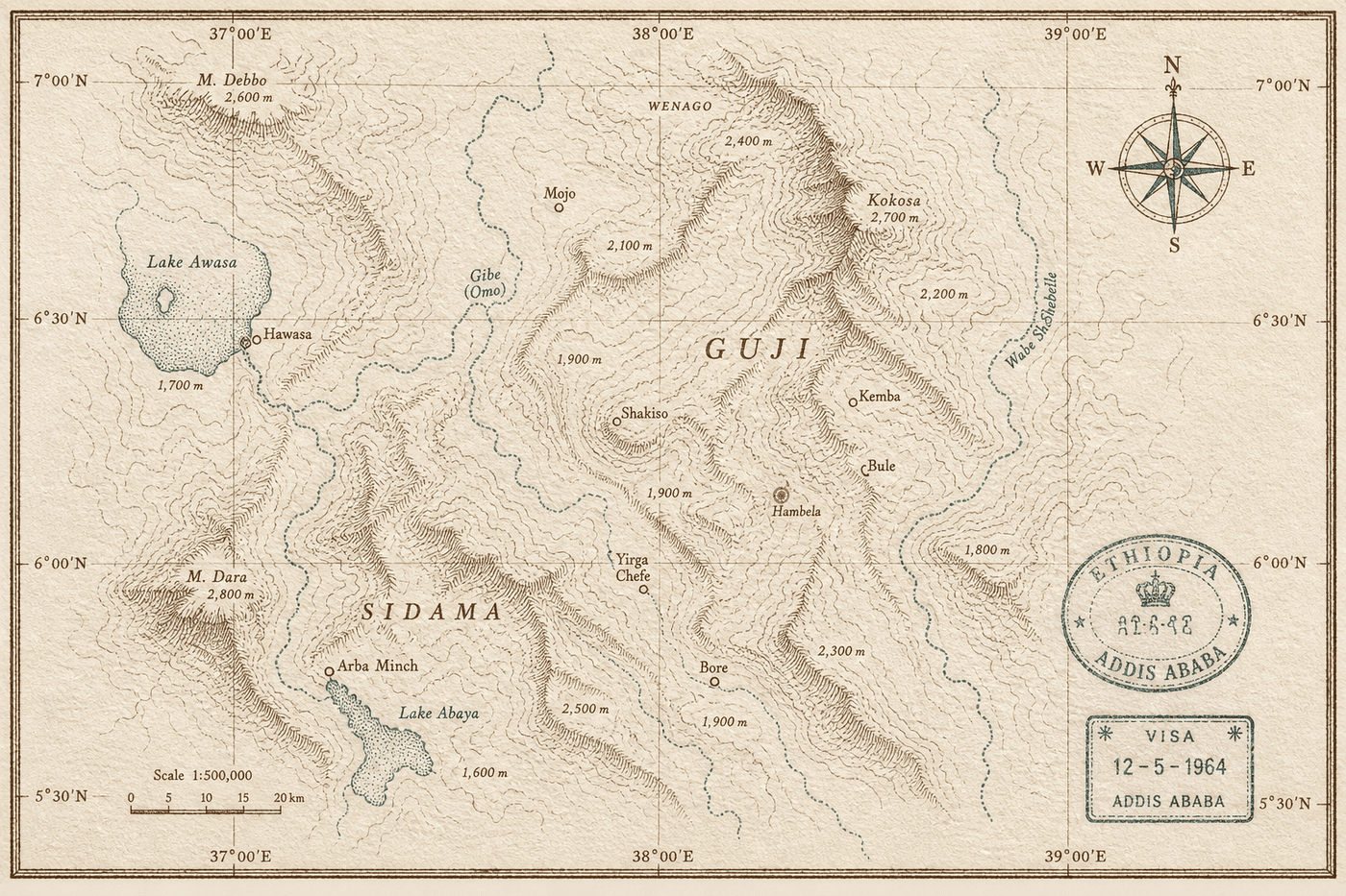 Hand-inked map plate of the Guji and Sidama highlands in Ethiopia, with contour lines and altitude marks